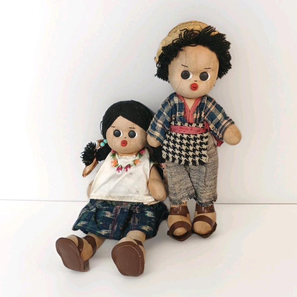 VTG Articulated Mexican Rag Cloth Dolls 10" Handsewn Folkart Girl Boy Stitched